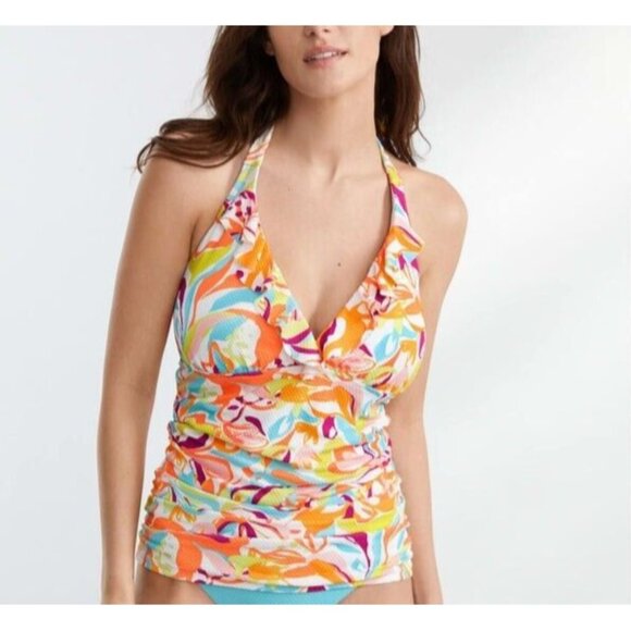 Birdsong Size 32DD Ruffle Halter Underwire Tankini Swim Top Ruched Groovy Print - Picture 1 of 12